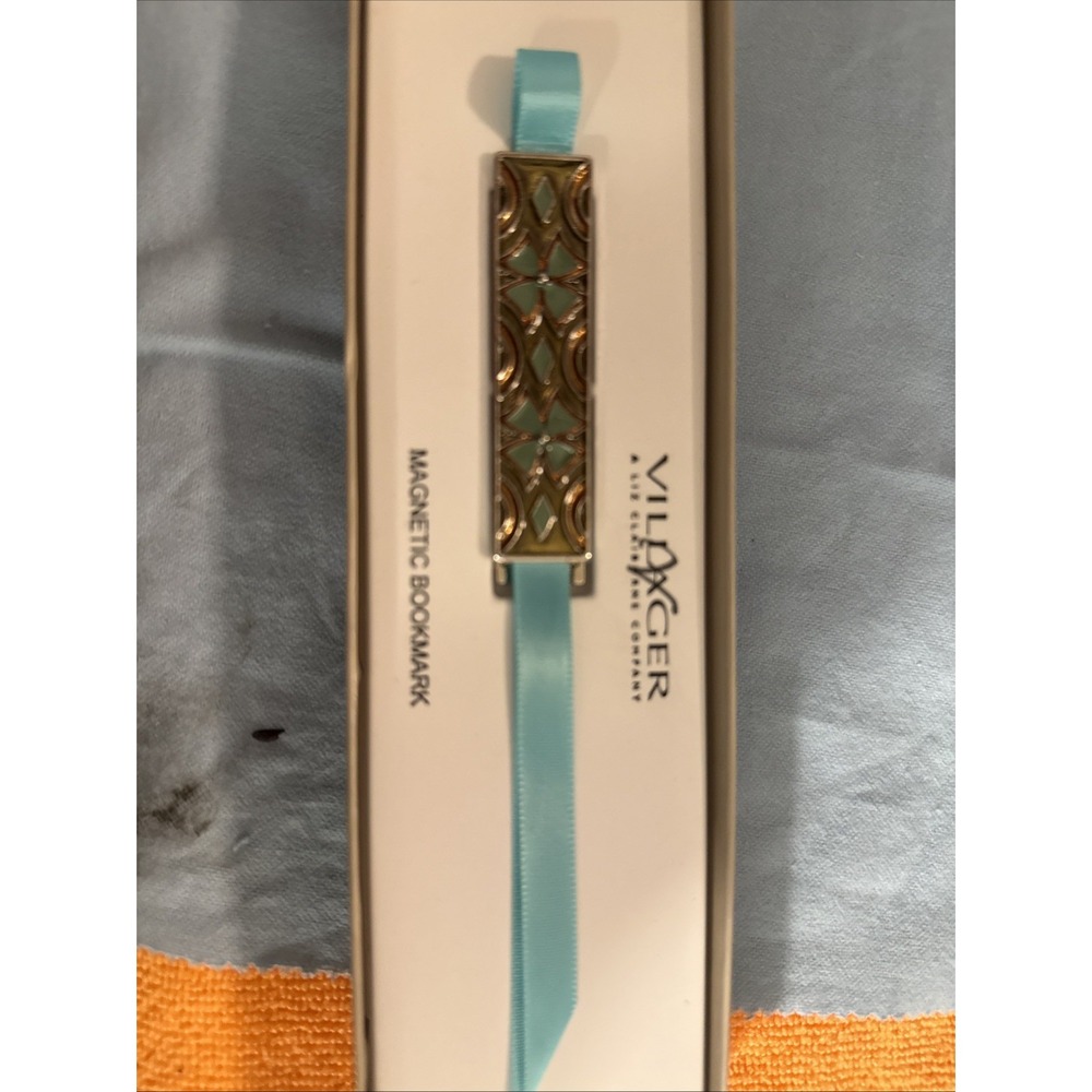 Vintage Villager Liz Claiborne Magnetic Bookmark Silver Blue Enamel Ribbon Boxed